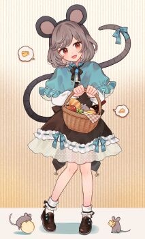 1girl animal_ears apple basket blue_capelet blush bow bread brown_shoes capelet cheese commentary_request dress dress_bow food fruit grey_hair highres holding holding_basket image_in_thought_bubble jewelry loafers long_sleeves looking_at_viewer medium_hair mouse_(animal) mouse_ears mouse_girl mouse_tail mozukuzu_(manukedori) nazrin open_mouth red_eyes ribbon-trimmed_dress ribbon_trim shoes smile socks solo speech_bubble tail tail_bow tail_ornament thought_bubble touhou white_socks