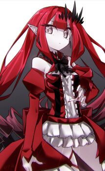 1girl baobhan_sith_(fate) baobhan_sith_(first_ascension)_(fate) bare_shoulders breasts center_frills commentary_request detached_collar detached_sleeves dress earrings fate/grand_order fate_(series) frills grey_eyes highres jewelry long_hair looking_at_viewer medium_breasts pink_hair pointy_ears red_dress sidelocks solo thighs tiara yubeshi_(zecxl)