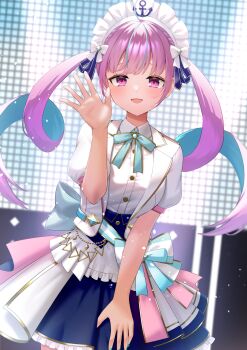 1girl ahoge anchor_print anchor_symbol aqua_bow aqua_bowtie aqua_hair aqua_nails blue_ribbon blue_skirt blush bow bowtie braid coat colored_inner_hair commentary_request commission curly_hair faubynet fingernails hair_ribbon highres hololive hololive_idol_uniform_(bright) long_hair looking_at_viewer maid_headdress minato_aqua multicolored_hair nail_polish official_alternate_costume open_mouth pink_eyes pink_hair revision ribbon salute shirt short_sleeves skeb_commission skirt smile solo stage streaked_hair thighs twintails two-tone_hair virtual_youtuber white_bow white_coat white_shirt