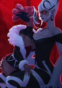 2girls absurdres bare_shoulders beehive_hairdo black_hair black_lips black_nails blackberreh-art breasts carmilla_carmine_(hazbin_hotel) cleavage colored_sclera colored_skin commentary demon_girl earrings english_commentary eye_contact fingernails fur_trim grey_eyes grey_skin hazbin_hotel hellaverse highres hoop_earrings jewelry long_fingernails looking_at_another multicolored_hair multiple_girls off_shoulder paid_reward_available parted_lips pink_hair red_sclera sharp_fingernails streaked_hair velvette_(hazbin_hotel) white_hair yuri