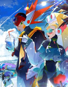 Rule 34 | 1boy, 1girl, 2others, absurdres, axl (mega man), beach, bikini, black bodysuit, black jacket, blonde hair, blue-tinted eyewear, blue bikini, blue eyes, bodysuit, brown hair, cowboy shot, cross scar, cup, forehead jewel, green eyes, helmet, highres, holding, holding cup, jacket, lumine (mega man), mega man (series), mega man x8, mega man x (series), multiple others, ocean, pallette (mega man), red-tinted eyewear, red helmet, scar, scar on face, spiked hair, sun, sunglasses, swimsuit, tinted eyewear, twintails, wawadochi