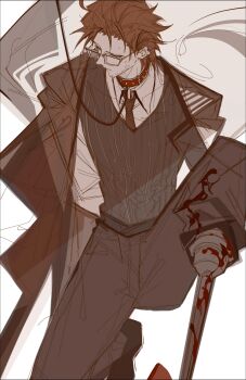 1boy arms_behind_back beard_stubble black_jacket black_necktie blood blood_on_clothes collar collared_shirt dogbarrrrr facial_hair from_above full_body glasses gregor_(project_moon) highres jacket jacket_on_shoulders knee_up leash limbus_company male_focus messy_hair necktie night_awls_(identity)_(project_moon) official_alternate_costume peg_leg project_moon shirt short_hair sitting solo striped_clothes striped_vest stubble vest white_shirt