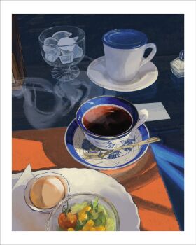 bowl cherry_tomato coffee coffee_mug commentary_request corn creamer_packet cup drink food food_focus glass_bowl highres mug no_humans original salad saucer spoon steaming_cup still_life sunoji08 table teacup tomato