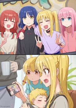 5girls blonde_hair blue_hair bocchi_the_rock! cellphone gotoh_hitori highres ijichi_nijika kita_ikuyo mother_and_daughter multiple_girls phone pink_hair side_ponytail smartphone yamada_ryo