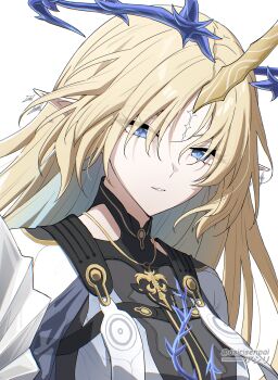1girl absurdres adapted_costume asiri_senpai blonde_hair blue_eyes blue_hair breasts colored_inner_hair commentary crown_of_thorns earrings fleurdelys_(wuthering_waves) highres horns jewelry large_breasts long_hair long_horns looking_at_viewer multicolored_hair multiple_earrings necklace parted_lips pointy_ears portrait sidelocks simple_background single_horn solo tacet_mark_(wuthering_waves) twitter_username white_background wuthering_waves yellow_horns