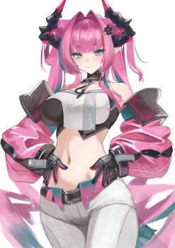 Rule 34 | 1girl, absurdres, aqua hair, aqua streaks, arknights, arknights: endfield, bare shoulders, belt, black belt, black gloves, black horns, black tube top, blue eyes, blush, closed mouth, commentary request, cowboy shot, detached sleeves, gloves, hair ornament, hands on own hips, highres, horns, long hair, long sleeves, looking at viewer, multicolored gloves, multicolored hair, multicolored horns, multicolored tube top, navel, pants, pink gloves, pink hair, pink horns, pink sleeves, pointy ears, remapack77, solo, stomach, strapless, streaked hair, tube top, two-tone gloves, two-tone hair, two-tone horns, two-tone tube top, very long hair, white pants, white tube top, yvonne (arknights)