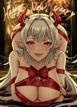 1girl absurdres blush breasts commentary demon_girl demon_horns eirwen_(ryuuneart) english_commentary english_text fangs fireworks grey_hair happy_new_year highres horns large_breasts long_hair looking_at_viewer naked_ribbon new_year original parted_lips pointy_ears red_eyes red_horns red_ribbon ribbon ryuune ryuuneart smile solo