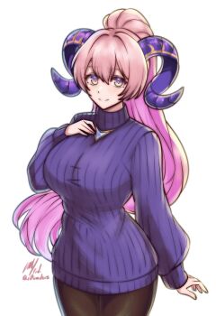 1girl breasts commentary english_commentary fire_emblem fire_emblem_heroes goat_horns highres horns large_breasts long_hair looking_at_viewer nerthuz_(fire_emblem) nintendo pantyhose pink_hair ponytail purple_sweater ribbed_sweater rotomdocs smile solo sweater turtleneck turtleneck_sweater very_long_hair