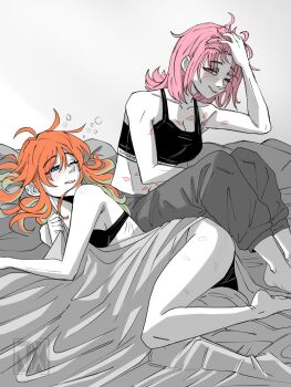 2girls alternate_costume armpit_hair barefoot bite_mark bite_mark_on_neck bite_mark_on_shoulder bite_mark_on_thigh blush breasts couple earrings feather_earrings feathers gradient_hair green_hair highres hololive hololive_english jasper_xandros jewelry large_breasts lipstick_mark lipstick_mark_on_arm lipstick_mark_on_breast lipstick_mark_on_neck lipstick_mark_on_stomach long_hair mori_calliope morning_after multicolored_hair multiple_girls open_mouth orange_hair pink_hair purple_eyes smile soles squeans takanashi_kiara virtual_youtuber yuri