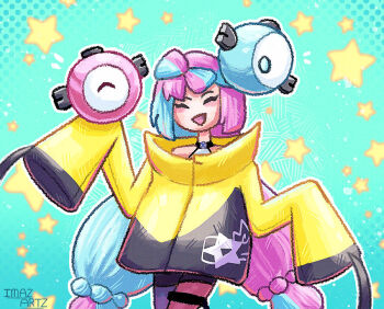 Rule 34 | 1girl, aqua background, aqua hair, blush, bow-shaped hair, character hair ornament, closed eyes, coat, commentary, cowboy shot, english commentary, eyelashes, gen 1 pokemon, hair ornament, imazartz, iono (pokemon), long hair, long sleeves, magnemite, multicolored hair, nintendo, open mouth, outline, pink hair, pokemon, pokemon sv, sleeves past fingers, sleeves past wrists, smile, solo, star (symbol), two-tone hair, very long hair, white outline, yellow coat