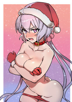 1girl absurdres ass belt_collar bikini bikini_bottom_only bikini_bottom_pull blush border breasts butt_crack collar commentary_request covering_breasts covering_privates gloves gradient_background hat highres large_breasts long_hair navel open_mouth pikumin64 purple_eyes red_gloves red_hat santa_hat senki_zesshou_symphogear solo swimsuit topless_female very_long_hair white_border white_hair yukine_chris