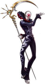 Rule 34 | 1boy, artist request, black bodysuit, bodysuit, colored skin, covered abs, demon (megami tensei), highres, holding, holding scythe, macabre (megami tensei), neck ruff, no eyes, official art, persona, persona 5, persona 5: the phantom x, pointy shoes, scythe, shin megami tensei, shoes, solo, third-party source, transparent background, white skin