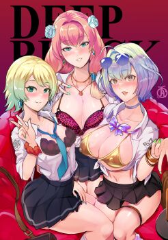 3girls alternate_costume amesuku_gyaru animal_print artist_logo bag black_bra blonde_hair blue_bow blue_bowtie blue_eyes blue_gemstone blue_hair blue_nails blush bow bowtie bra bracelet breasts cleavage closed_mouth collar covered_erect_nipples earrings english_text fire_emblem fire_emblem_heroes fjorm_(fire_emblem) flower gem gold_bra gold_bracelet gradient_background gradient_hair green_hair green_nails gunnthra_(fire_emblem) gyaru hair_flower hair_ornament hand_on_lap highres jewelry kneehighs kogal large_breasts leopard_print lips logo long_hair long_sleeves looking_at_viewer midriff miniskirt multicolored_hair multiple_girls navel necklace nintendo open_clothes open_mouth open_shirt pink_bra pink_hair purple_hair revolverwing school_bag school_uniform scrunchie see-through_clothes see-through_shirt seidr_(fire_emblem) shirt short_hair siblings simple_background sisters skirt small_breasts smile socks sunglasses thigh_strap thighs tied_shirt tongue underwear v yellow_eyes