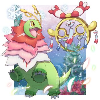 antennae chimecho christmas_tree claws colored_sclera colored_skin commentary_request flower full_body gen_2_pokemon gen_3_pokemon green_skin highres long_neck mega_chimecho mega_meganium mega_pokemon meganium nintendo no_humans open_mouth pokemon pokemon_(creature) pokemon_focus sauropod smile snowflakes tail wataame4907 wind_chime yellow_eyes yellow_sclera