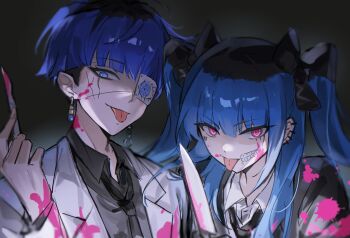 1boy 1girl absurdres alternate_costume amemiya_darumi black_background black_bow black_hair black_jacket black_necktie blood blood_on_clothes blood_on_face bloody_knife blue_eyes blue_hair bow earrings eye_print eyepatch face_piercing fishicon grey_shirt hair_bow hand_up highres holding holding_knife holding_scalpel jacket jewelry knife labret_piercing long_hair makeup multicolored_hair necktie omokage_yugamu piercing pink_blood pink_eyes print_eyepatch ringed_eyes roots_(hair) scalpel shirt short_hair the_hundred_line_-last_defense_academy- tongue tongue_out twintails upper_body white_jacket white_shirt