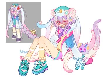 1girl aqua_hat aqua_shoes blue_jacket cloud_(lufaeris) commentary double-parted_bangs english_commentary full_body glasses gradient_hair hair_between_eyes hat highres jacket knees_up long_hair long_sleeves looking_at_viewer multicolored_hair open_clothes open_jacket open_mouth original pink_eyes purple_hair purple_shorts rectangular_eyewear reference_inset shoes shorts sketch solo_focus tentacle_girl tentacle_hair tentacles white_background