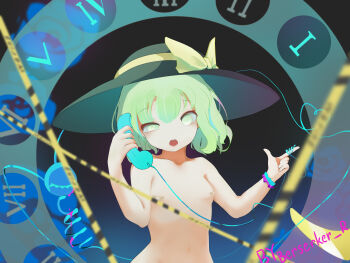 1girl absurdres antique_phone asymmetrical_hair bandaid bandaids_on_nipples berserker_r blood bow breasts caution_tape collarbone dial floral_print green_hair hat hat_bow highres holding holding_phone komeiji_koishi looking_at_viewer medium_breasts navel nude open_mouth pasties phone pink_blood ribbon roman_numeral rose_print rotary_phone shirt short_hair signature skirt small_breasts solo string string_around_finger teeth touhou upper_body upper_teeth_only wavy_hair wrist_ribbon