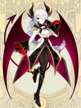 1boy ;) androgynous arm_at_side ascot bell_sleeves black_boots black_coat black_gloves black_horns black_pants black_shirt black_sleeves boots braid brooch buttons coat dairoku_ryouhei demon_boy demon_horns demon_tail demon_wings double-breasted epaulettes frilled_shirt_collar frilled_sleeves frills full_body gem gloves gold_trim hair_intakes hand_on_own_cheek hand_on_own_face high_heel_boots high_heels horns jewelry kanimori_(tw) knee_boots long_hair long_sleeves looking_at_viewer male_focus multicolored_coat narrow_waist one_eye_closed pants popped_collar red_coat red_eyes red_gemstone red_tail red_wings shinne_hakuame shirt single_braid smile solo standing standing_on_one_leg tail two-sided_coat two-sided_fabric two-sided_sleeves two-tone_coat very_long_hair weapon white_ascot white_coat wings yellow_background