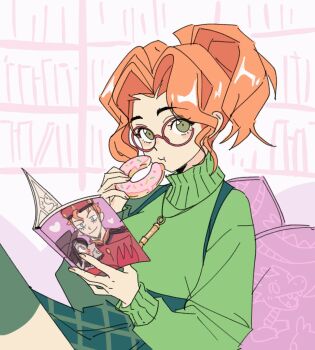 Rule 34 | 1girl, book, burasto, commentary, deadlock (game), donut, eating, english commentary, food, glasses, green eyes, green skirt, green sweater, green thighhighs, holding, holding book, holding donut, holding food, jewelry, long hair, looking at viewer, necklace, orange hair, paige (deadlock), parted bangs, pornography, reading, round eyewear, skirt, solo, sweater, thighhighs, turtleneck, turtleneck sweater, yaoi (object), zettai ryouiki