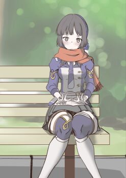 1girl bench black_hair black_skirt blue_necktie blue_shirt blue_thighhighs blunt_bangs brown_eyes chakoru feet_out_of_frame highres kantai_collection long_hair mogador_(kancolle) necktie pleated_skirt red_scarf scarf shirt sitting skirt solo thighhighs