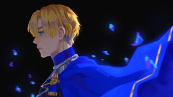 1boy black_background black_shirt blonde_hair blue_cape blue_eyes cape closed_mouth commentary dimitri_alexandre_blaiddyd english_commentary fire_emblem fire_emblem:_three_houses floating_cape from_side garreg_mach_monastery_uniform hair_behind_ear highres lips male_focus nintendo parted_hair profile school_uniform sethkiel shirt short_hair solo twitter_username