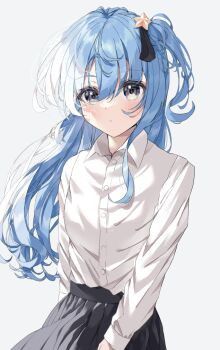 1girl alternate_costume black_skirt blue_eyes blue_hair blush closed_mouth collared_shirt commentary_request hair_ornament hololive hoshimachi_suisei long_hair looking_at_viewer nekoshima_kaede one_side_up shirt skirt solo star_(symbol) star_hair_ornament star_in_eye symbol_in_eye virtual_youtuber white_background white_shirt