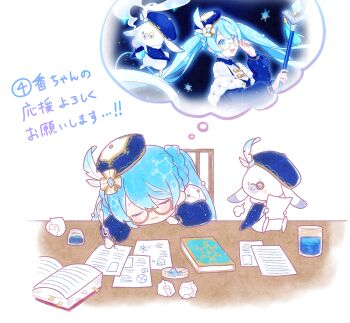 1girl :3 :t ? animal artist_self-reference asagao_minoru bandaid bandaid_on_face bandaid_on_forehead beads blue_eyes blue_hair blue_hat blue_jacket blue_theme blush book braid chair chibi closed_eyes closed_mouth clothed_animal crumpled_paper dreaming erlenmeyer_flask flask flower fur-trimmed_jacket fur_trim glasses hair_beads hair_flower hair_ornament hat hat_feather hatsune_miku head_on_table head_rest holding holding_flask holding_quill inkwell jacket light_blue_hair liquid long_hair looking_at_another looking_to_the_side messy_hair monocle multicolored_hair multiple_views on_table open_book paper pout quill quilted_jacket rabbit rabbit_yukine round-bottom_flask semi-rimless_eyewear sigh simple_background sitting sleeping sleepy smoke snowflake_print speech_bubble squeans starry_sky_print streaked_hair table tassel test_tube thought_bubble twintails under-rim_eyewear vest vocaloid white_background writing yellow-framed_eyewear yuki_miku yuki_miku_(2025)_(candidate_no.4)