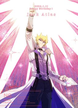 1boy black_choker black_pants blonde_hair character_name choker clenched_hand closed_mouth commentary_request dated duel_disk happy_birthday highres jack_atlas jacket long_sleeves looking_at_viewer male_focus pants pointing pointing_up purple_eyes ronkitci short_hair smile solo twitter_username white_jacket yu-gi-oh! yu-gi-oh!_5d's