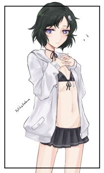 1boy bikini black_bikini black_border black_hair black_ribbon black_skirt blush border bright_pupils commentary_request cowboy_shot crossdressing crossdressing_(mtf) drawstring flying_sweatdrops front-tie_bikini_top front-tie_top furrowed_brow grey_trim hair_ornament hands_up highres hood hood_down hoodie inset_border interlocked_fingers jun_(rellik_&amp;_redrum) long_sleeves looking_at_viewer male_focus microskirt navel neck_ribbon open_clothes open_hoodie own_hands_together parted_lips pleated_skirt pocket purple_eyes ribbon science_adventure short_hair shy signature simple_background skirt skull_hair_ornament solo standing steins;gate swimsuit trap urushibara_luka white_background white_hoodie white_pupils