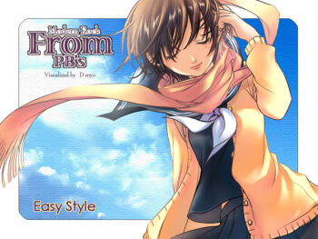 1girl adjusting_hair archived_source artist_name bad_link black_sailor_collar black_shirt black_skirt blouse blue_sky border breasts brown_hair buttons closed_eyes collared_shirt cowboy_shot day dutch_angle english_text eyelashes floating_clothes gold_buttons hair_between_eyes jacket light_smile lips long_sleeves medium_breasts miniskirt neckerchief nostrils orange_scarf original outside_border pleated_skirt sailor_collar scarf shirahane_nao shirt short_hair skirt sky solo white_border white_neckerchief yellow_jacket yellow_sleeves