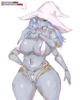 1girl areola_slip blue_eyes blue_hair blue_skin breasts colored_skin elden_ring extra_arms fromsoftware girlsay hat highres huge_breasts looking_at_viewer ranni_the_witch simple_background solo thick_thighs thighs thong witch_hat