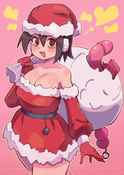 1girl absurdres aile_(mega_man_zx) bag bare_shoulders black_eyes blush breasts breath brown_hair butt_plug buzzlyears cleavage condom condom_wrapper cowboy_shot detached_sleeves dildo dress gloves hat heart highres holding holding_bag large_breasts mega_man_(series) mega_man_zx open_mouth pink_background red_dress red_gloves red_hat red_sleeves ringed_eyes robot_ears santa_costume santa_dress santa_hat sex_toy simple_background smile solo strapless strapless_dress