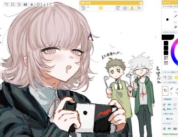 Rule 34 | 1girl, 2boys, apron, art program in frame, black jacket, black pants, blush, brown hair, closed eyes, closed mouth, collared shirt, commentary request, danganronpa (series), danganronpa 2: goodbye despair, drooling, green apron, green jacket, green necktie, hair ornament, hand up, handheld game console, hands up, highres, hinata hajime, holding, holding handheld game console, jacket, kashiba (iiiiii kasba), komaeda nagito, long sleeves, looking at viewer, medium hair, mouth drool, multiple boys, nanami chiaki, neck ribbon, necktie, open clothes, open jacket, open mouth, pants, pink eyes, pink hair, pink ribbon, ribbon, shirt, short hair, short sleeves, smile, teeth, thumbs up, translation request, upper teeth only, white background, white hair, white shirt