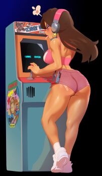 1girl absurdres anger_vein arcade_cabinet ass back bandaid bandaid_on_ass black_background brown_hair candy candy_kong candy_kong_(cosplay) combos_&amp;_doodles copyright_name cosplay crop_top dark-skinned_female dark_skin dk:_king_of_swing donkey_kong donkey_kong_(1981_game) donkey_kong_(series) earrings english_text eyeshadow female_focus food fourth_wall from_behind full_body game_over game_over_screen gold_earrings headphones highres jewelry legs lipstick lollipop long_hair looking_at_screen makeup mario mario_(series) nintendo pauline_(mario) playing_games red_lips shiny_skin shoes short_shorts shorts simple_background sneakers solo spoken_anger_vein standing walkman white_shoes