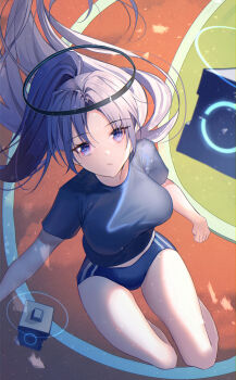 1girl absurdres barefoot black_shirt blue_archive blue_jacket blush breasts collarbone commentary_request drone gym_uniform hair_between_eyes halo highres jacket large_breasts long_hair looking_at_viewer mechanical_halo non-humanoid_robot nox_(csya7458) official_alternate_costume official_alternate_hairstyle open_mouth ponytail purple_eyes purple_hair robot shirt short_sleeves smile soles solo sportswear star_(symbol) star_sticker sticker sticker_on_face sweat t-shirt thighs yuuka_(blue_archive) yuuka_(track)_(blue_archive)