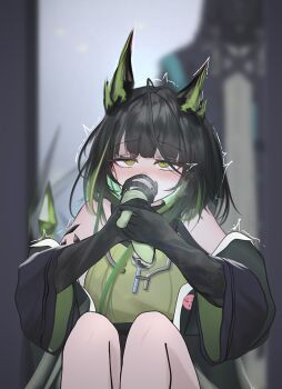 1girl ahegao ahoge animal_ears arknights black_hair black_jacket black_mask black_skin blush breath cat_ears cat_girl colored_skin crystal doctor doctor_(arknights) dress floating floating_object green_dress green_eyes green_hair green_jacket high_heels highres hood huge_ahoge jacket jacket_on_shoulders kneeling lab_coat long_hair mask material_growth mebe_(teadia_violet) mon3tr_(arknights) multicolored_hair off_shoulder oripathy_lesion_(arknights) pale_skin rolling_eyes shoes single_shoe smelling smelling_clothes smelling_shoe spikes streaked_hair tools two-tone_hair walk-in wide_sleeves