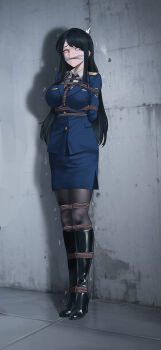 1girl absurdres ado_(eknv3255) bdsm black_hair black_pantyhose blue_suit bondage boots bound breasts bullet_hole cleave_gag cloth_gag execution formal_clothes full_body gag gagged highres improvised_gag long_hair looking_to_the_side military_uniform original panicking pantyhose pencil_skirt peril scared shibari skirt solo suit