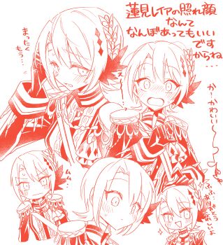 1girl :d averting_eyes blush closed_eyes closed_mouth commentary_request constricted_pupils epaulettes gloves hand_up hasumi_leia highres jacket long_sleeves looking_at_viewer mahou_shoujo_no_majo_saiban monochrome multiple_expressions multiple_views open_mouth red_theme sash short_hair shoulder_sash shy simple_background smile sparkle suno_(imydream) surprised sweatdrop translation_request upper_body wide-eyed