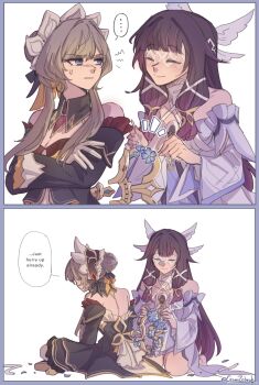 Rule 34 | ..., 2girls, anger vein, automaton (object), bare shoulders, black collar, black hair, black sleeves, blue eyes, blue flower, bow, brown hair, cesar zebrah, closed eyes, collar, columbina (genshin impact), crossed arms, detached collar, dress, english text, eye mask, feathered wings, flower, gem, genshin impact, hair ornament, head wings, headdress, highres, kneeling, mask, multicolored hair, multiple girls, multiple wings, purple hair, purple streaks, red gem, sandrone (genshin impact), see-through clothes, see-through mask, short hair with long locks, sitting, smile, white dress, white headdress, white mask, white wings, winding key, wing hair ornament, wings, x-shaped eyewear