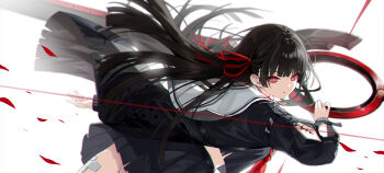 1girl absurdres arm_cutout black_choker black_hair black_shirt black_skirt breasts bright_pupils chisa_(wuthering_waves) choker clothing_cutout commentary_request from_side hair_ribbon highres holding holding_over_opposite_shoulder holding_sword holding_weapon kuramoto_beta-carotene long_hair long_sleeves looking_at_viewer looking_to_the_side mole mole_under_eye neckerchief parted_lips red_eyes red_neckerchief red_ribbon ribbon school_uniform serafuku shirt skirt solo sword tacet_mark_(wuthering_waves) weapon white_background white_pupils wuthering_waves
