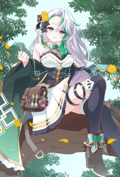 1girl aisu_(i_ce_pinon_pino) bare_shoulders black_corset black_thighhighs blush bow bowtie breasts brown_bag cleavage commission corset detached_collar detached_sleeves falling_petals flower green_bow green_bowtie green_hair hair_bow hair_flower hair_ornament highres large_breasts long_hair looking_at_viewer multicolored_hair original outdoors petals pleated_skirt potion shirt sitting skeb_commission skirt solo streaked_hair test_tube thigh_strap thighhighs tree vial white_hair white_shirt white_skirt wide_sleeves yellow_eyes