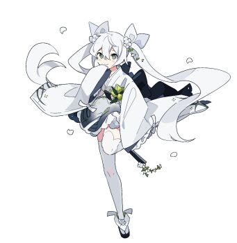 1girl arm_at_side back_bow black_bow bow bud closed_mouth falling_petals flower flower_ornament folded_fan folding_fan frilled_skirt frilled_sleeves frills full_body gradient_clothes gradient_skirt grey_eyes grey_skirt hair_between_eyes hair_flower hair_ornament hand_fan hand_on_own_chin holding holding_fan japanese_clothes kimono kimono_skirt leaf light_blush long_hair miniskirt okobo original pakashan petals platform_sandals sandals simple_background skirt sleeves_past_fingers sleeves_past_wrists smile solo standing standing_on_one_leg tabi thighhighs twintails very_long_hair white_background white_flower white_hair white_kimono white_thighhighs