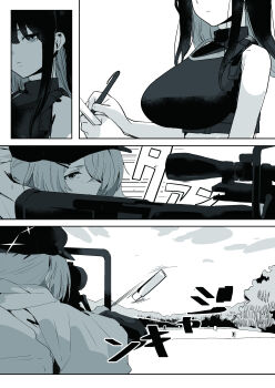 absurdres aiming anti-materiel_rifle bare_arms bare_shoulders blue_archive breasts closed_mouth comiket_106 commentary_request firing greyscale gun hair_over_one_eye halo hat highres hiyori_(blue_archive) holding holding_gun holding_pen holding_weapon j._(anonymousarts) jacket large_breasts long_hair lying monochrome on_stomach pen rifle saori_(blue_archive) sniper_rifle sports_bra translation_request weapon