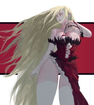 1girl absurdly_long_hair arm_at_side blonde_hair blood blood_on_breasts blood_on_hands bloody_weapon border breasts center_frills cleavage collarbone colored_eyebrows cowboy_shot elbow_gloves fang feather-trimmed_gloves feather-trimmed_shirt floating_hair frills from_below gloves gluteal_fold hand_up highres holding holding_sword holding_weapon human_scabbard katana kiss-shot_acerola-orion_heart-under-blade kokorowatari large_breasts light_blush lips long_hair long_skirt looking_to_the_side mature_female monogatari_(series) nose orange_eyes oshino_shinobu outside_border parted_lips pinky_out pointy_ears red_background red_shirt red_skirt shirt skirt solo strapless strapless_shirt sword teeth thighhighs torn_clothes torn_gloves torn_skirt upper_teeth_only vampire very_long_hair washingmach13 weapon white_border white_gloves white_thighhighs