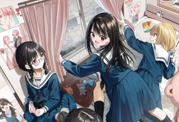 black_hair blonde_hair blue_eyes blue_serafuku blue_shirt blue_skirt braid commentary_request curtains glasses highres indoors long_hair multiple_girls open_mouth original pentagon_(railgun_ky1206) pleated_skirt purple_eyes red_eyes sailor_collar school_uniform serafuku shirt skirt twin_braids white_sailor_collar window