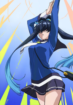 1girl aqua_hair arms_up black_hair hair_over_eyes highres long_hair miki_shinobu_(shadowverse_flame) multicolored_hair necktie pleated_skirt sailor_collar shadowverse shadowverse_(animated_series) shadowverse_flame skirt solo tmr_msho white_necktie