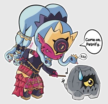 cptcinnabun crown digimon digimon_(creature) goromon looking_at_another mask medusamon rock snake snake_hair tongue tongue_out