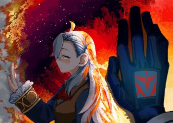 1girl ahoge ascot black_gloves blush braid command_spell commentary_request fate/grand_order fate_(series) fujimaru_ritsuka_(female) fujimaru_ritsuka_(female)_(decisive_battle_chaldea_uniform) gachide_erai gloves highres long_hair long_sleeves olga_marie_animusphere orange_eyes red_ascot ribbon side_braid smile solo_focus upper_body very_long_hair white_hair