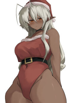 1girl absurdres antenna_hair belt black_choker blush breasts choker commentary covered_navel cowboy_shot dark-skinned_female dark_skin english_commentary hat highleg highleg_leotard highres leotard long_hair neva_(dir4ct_c) pointy_ears red_eyes red_leotard sansei_muramasa santa_costume santa_hat solo soukou_akki_muramasa standing thighs white_background white_hair
