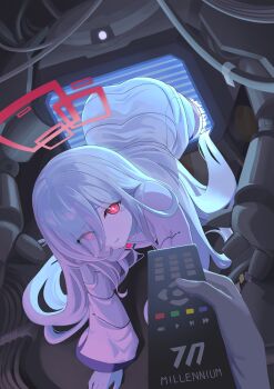 1girl 1other absurdres ass blue_archive colored_skin commentary controller crawling dress english_commentary eyes_visible_through_hair hair_over_one_eye halo highres holding holding_remote_control kei_(amas)_(blue_archive) kei_(blue_archive) kei_(new_body)_(blue_archive) long_hair long_sleeves looking_at_viewer myuf parted_lips red_eyes red_halo remote_control ringed_eyes through_medium through_screen white_dress white_hair white_skin